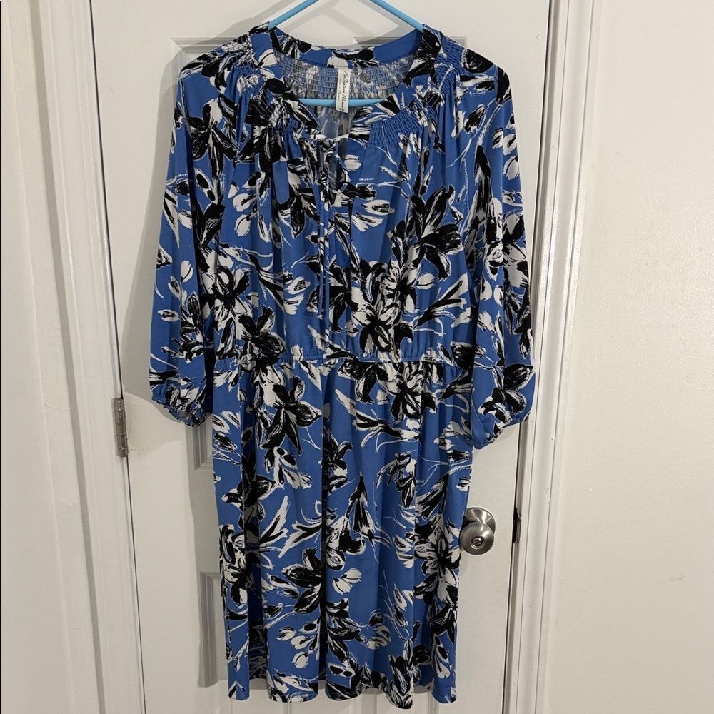 PerSeption Concept Blue Dress with Black and White Floral Design Size 1X